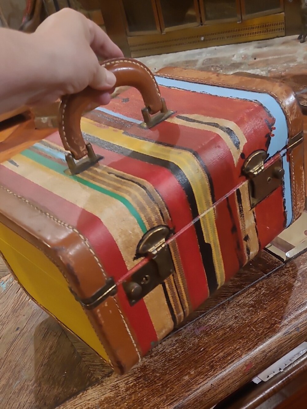 Striped Shabby Chic Framed  Travel Case - Men Women Leather Belted Bag